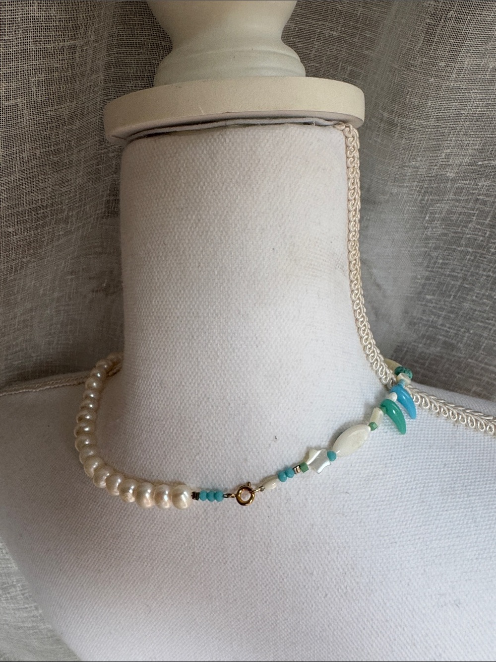 Handcrafted Pearl and Turquoise Bead Necklace - Women Jewelry - Picture 2 of 2